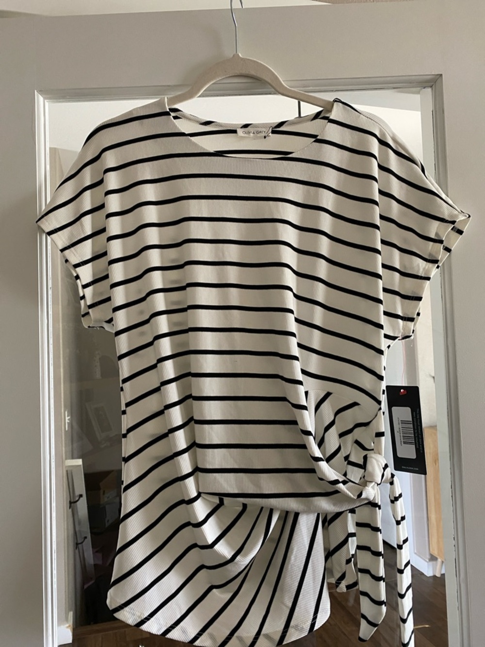 Crew Neck White and Black Striped Tie-Side Short Sleeve Top